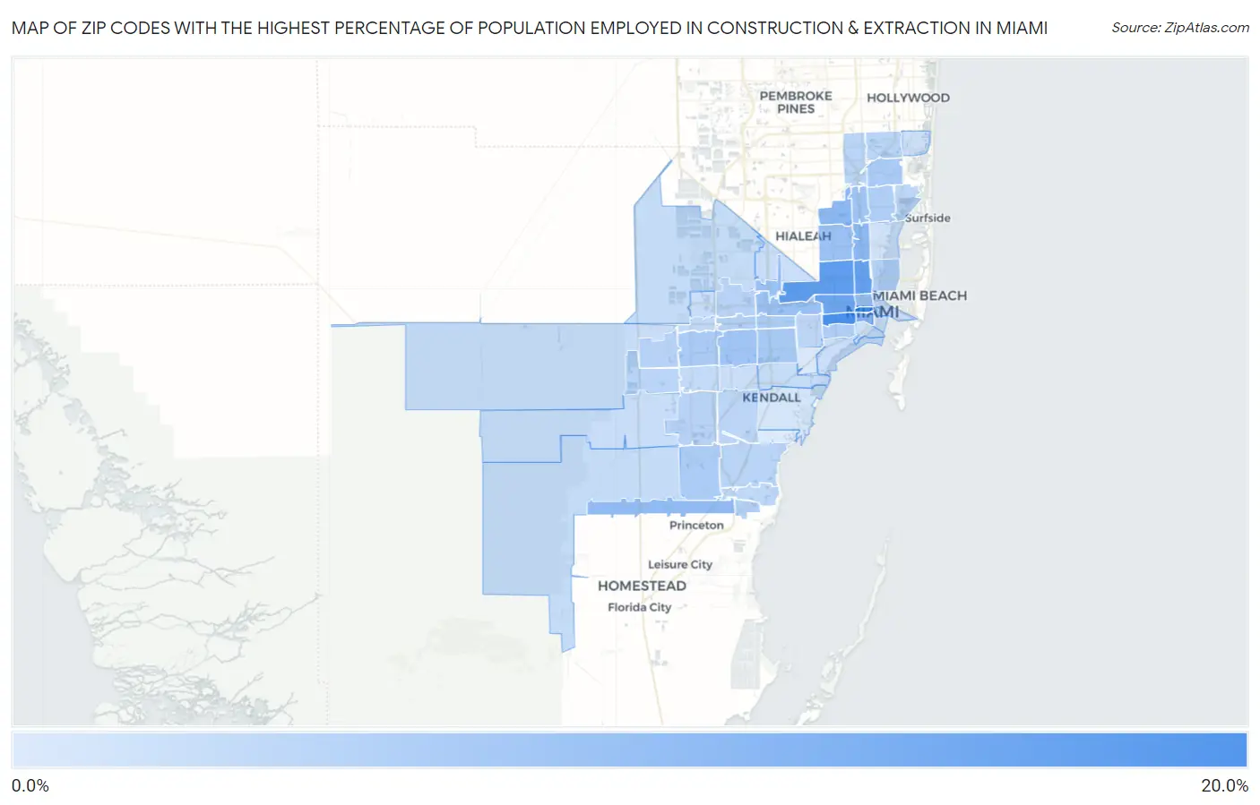 Zip Codes with the Highest Percentage of Population Employed in Construction & Extraction in Miami Map