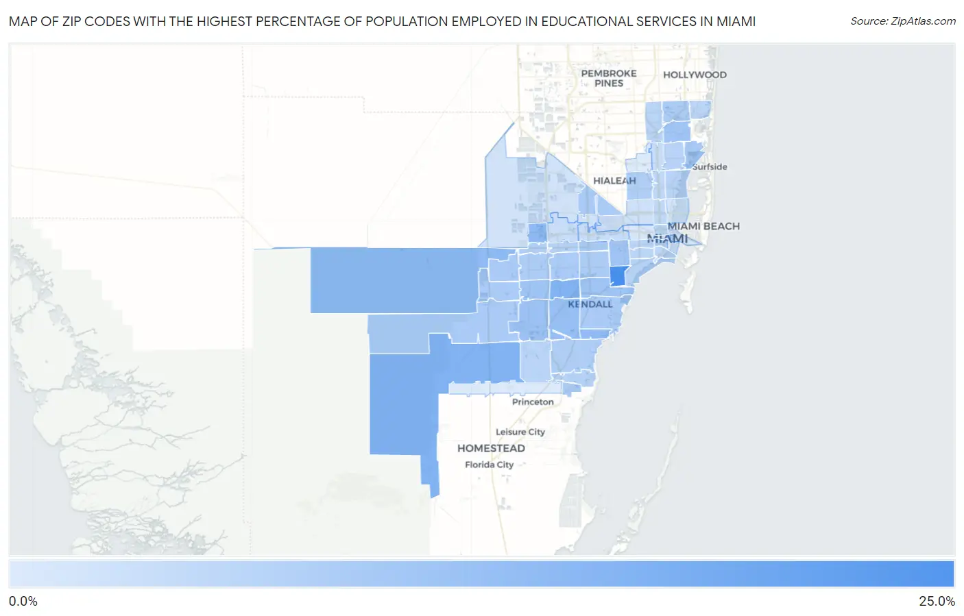 Zip Codes with the Highest Percentage of Population Employed in Educational Services in Miami Map
