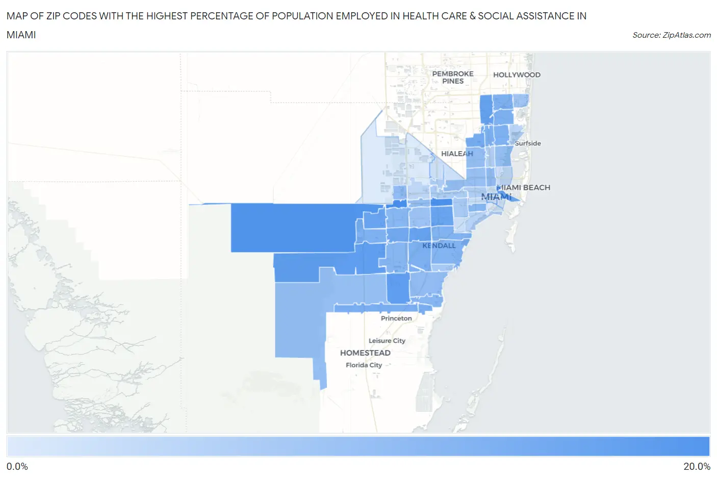Zip Codes with the Highest Percentage of Population Employed in Health Care & Social Assistance in Miami Map
