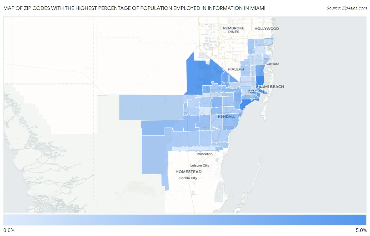 Zip Codes with the Highest Percentage of Population Employed in Information in Miami Map