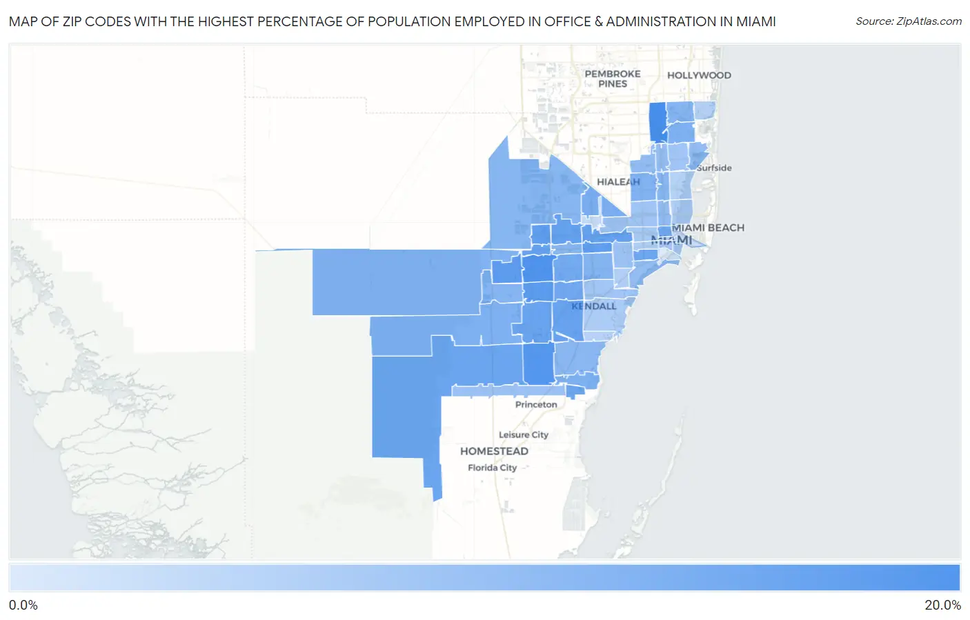 Zip Codes with the Highest Percentage of Population Employed in Office & Administration in Miami Map