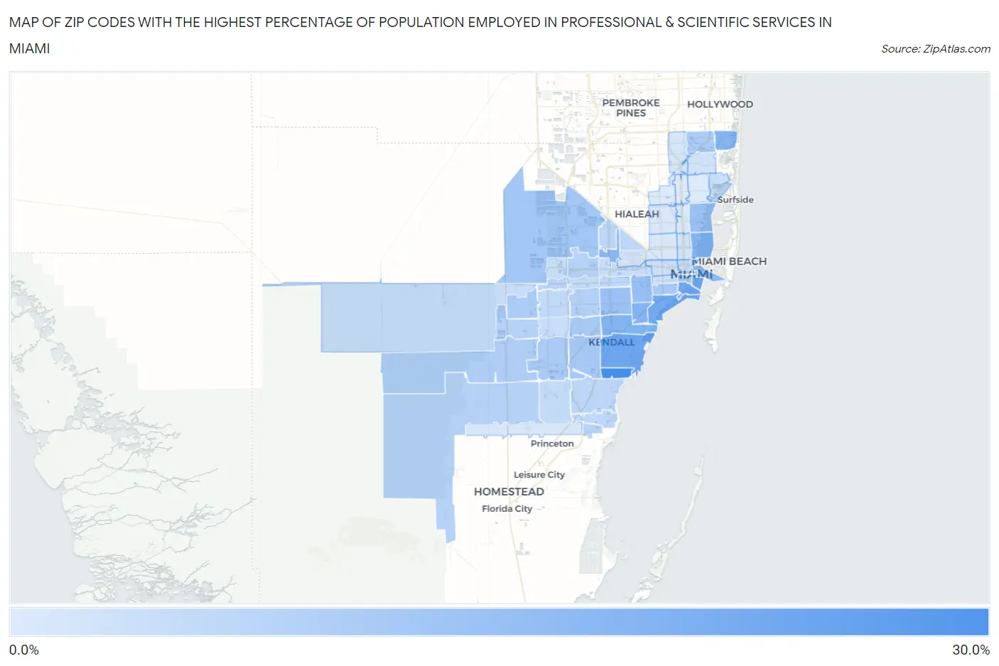 Zip Codes with the Highest Percentage of Population Employed in Professional & Scientific Services in Miami Map