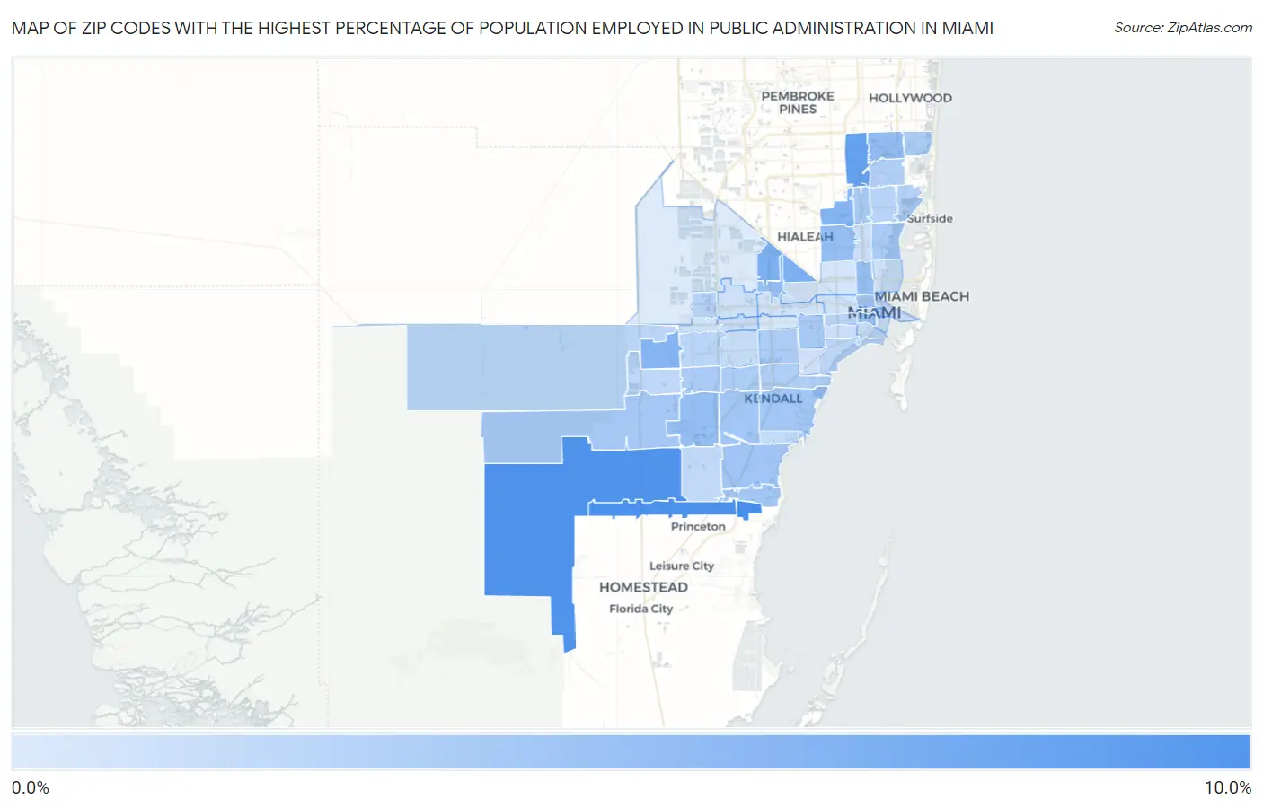 Zip Codes with the Highest Percentage of Population Employed in Public Administration in Miami Map