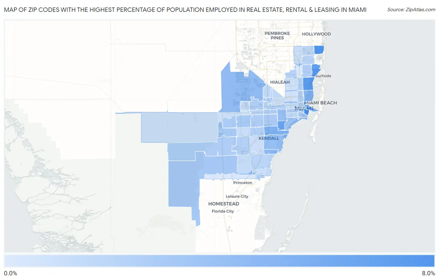 Zip Codes with the Highest Percentage of Population Employed in Real Estate, Rental & Leasing in Miami Map