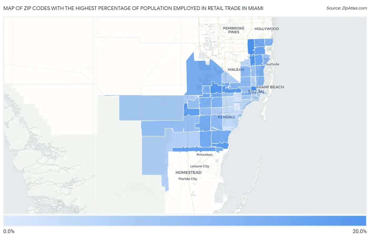 Zip Codes with the Highest Percentage of Population Employed in Retail Trade in Miami Map