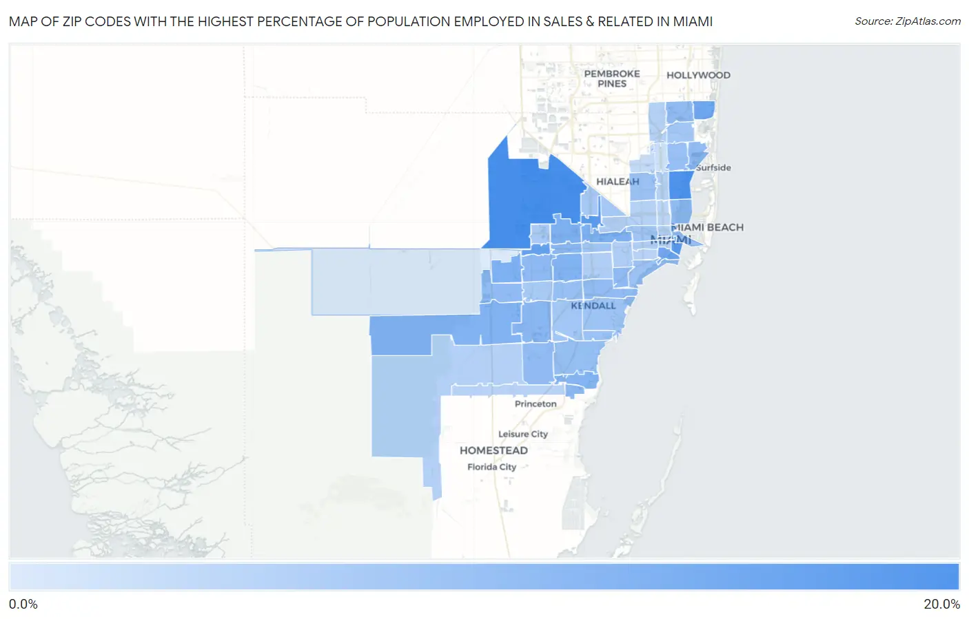 Zip Codes with the Highest Percentage of Population Employed in Sales & Related in Miami Map