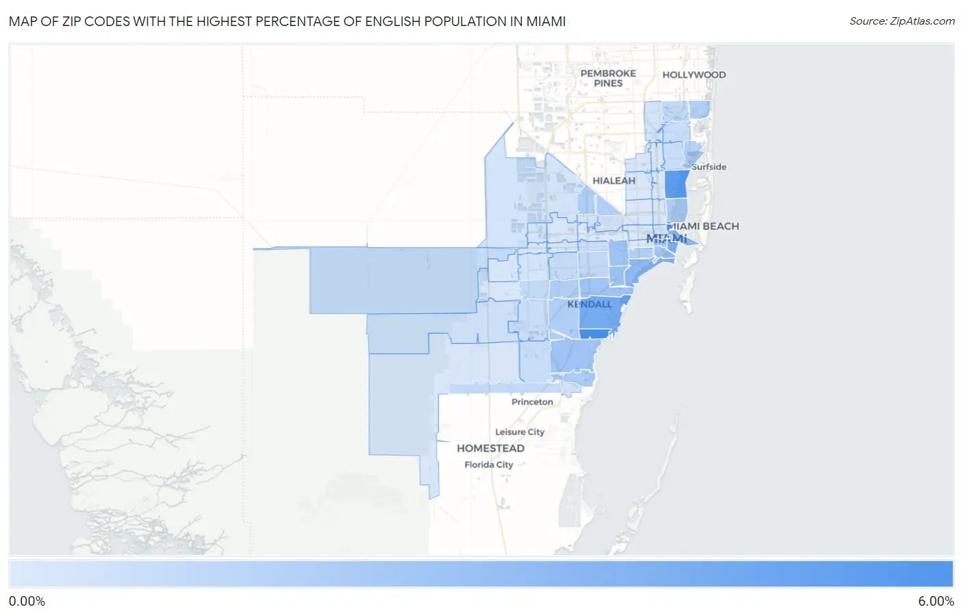 Zip Codes with the Highest Percentage of English Population in Miami Map