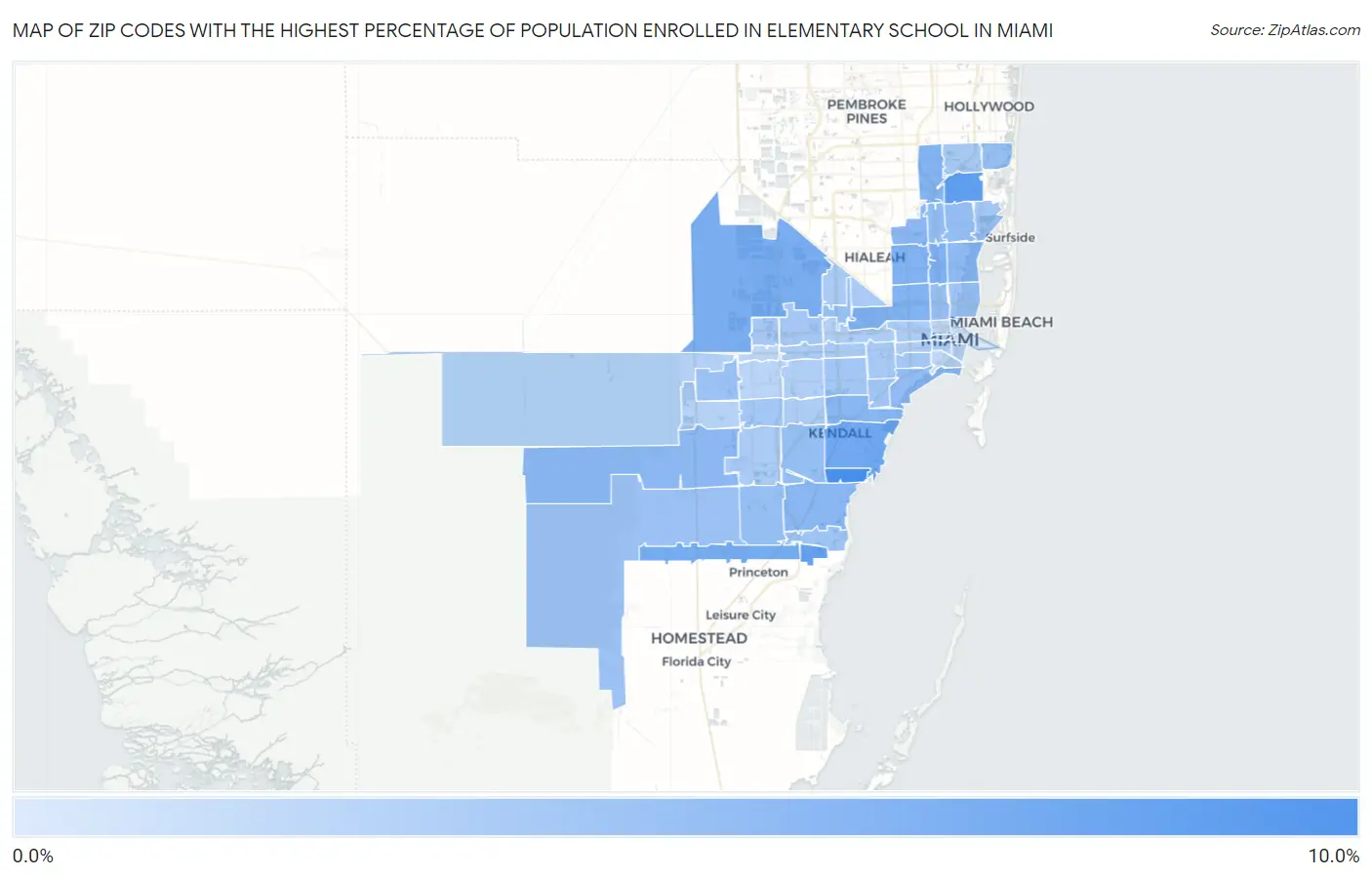 Zip Codes with the Highest Percentage of Population Enrolled in Elementary School in Miami Map
