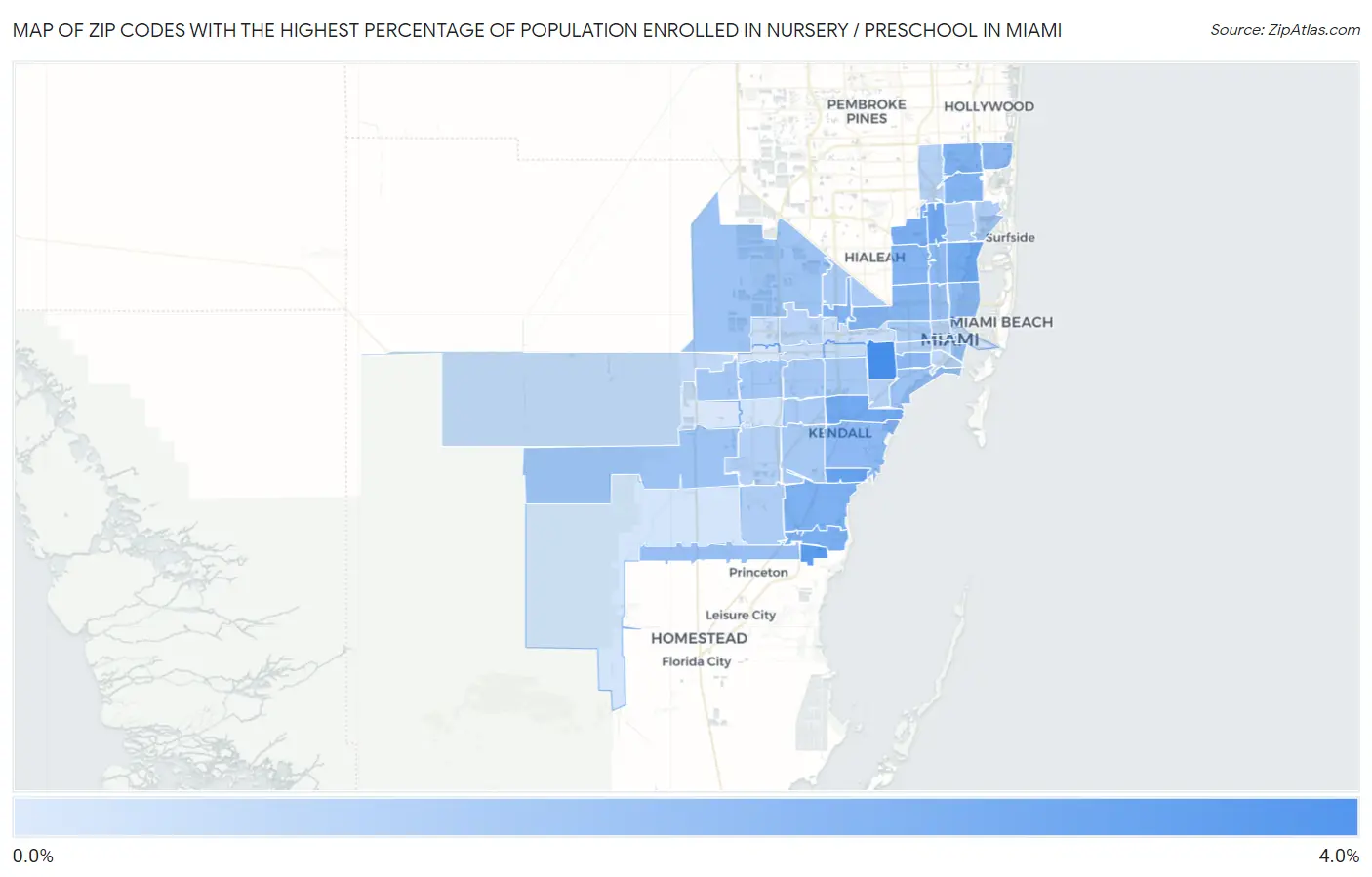 Zip Codes with the Highest Percentage of Population Enrolled in Nursery / Preschool in Miami Map