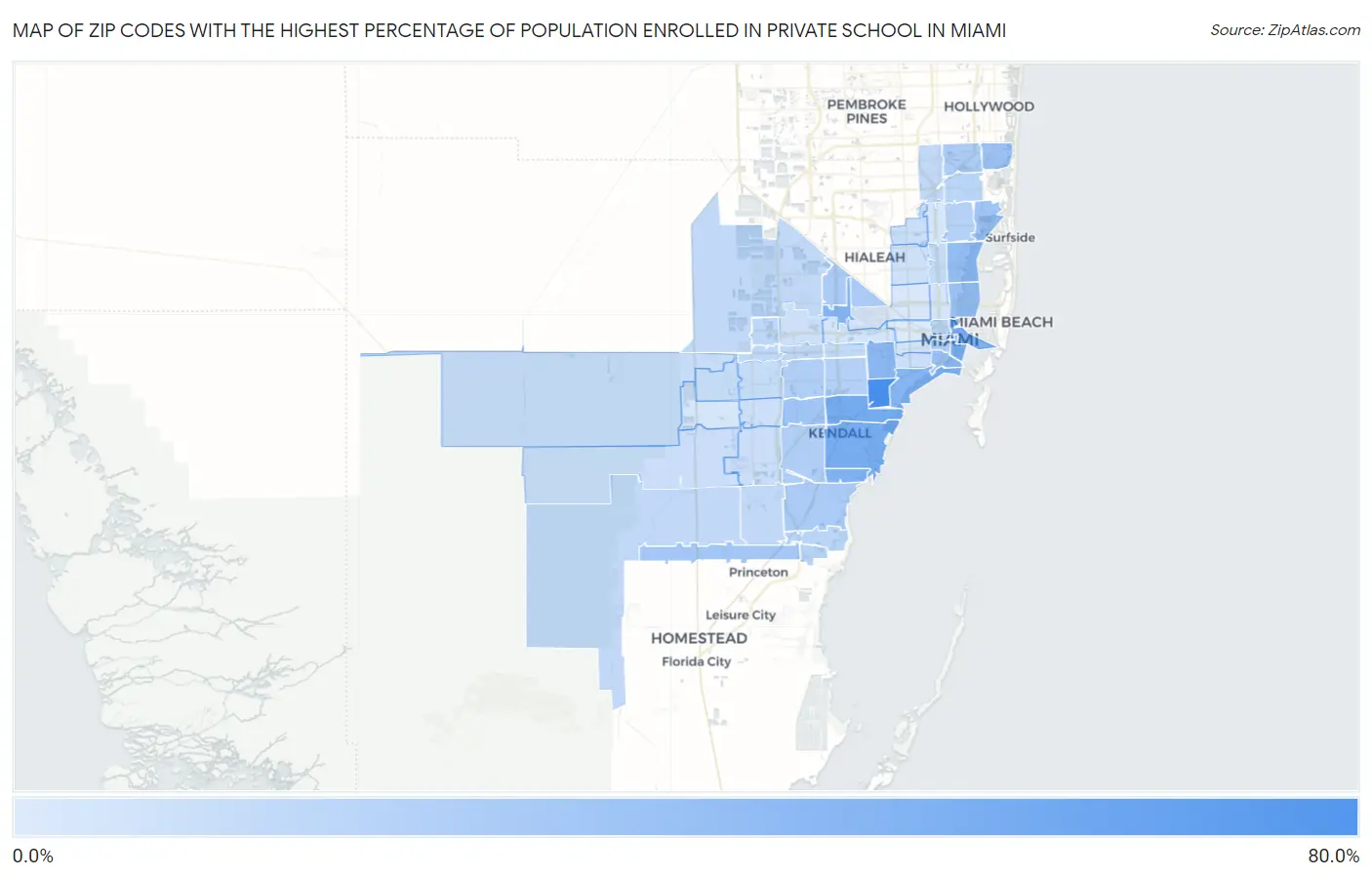Zip Codes with the Highest Percentage of Population Enrolled in Private School in Miami Map