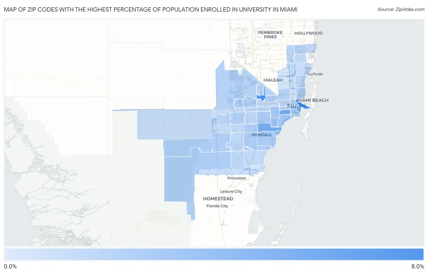 Zip Codes with the Highest Percentage of Population Enrolled in University in Miami Map