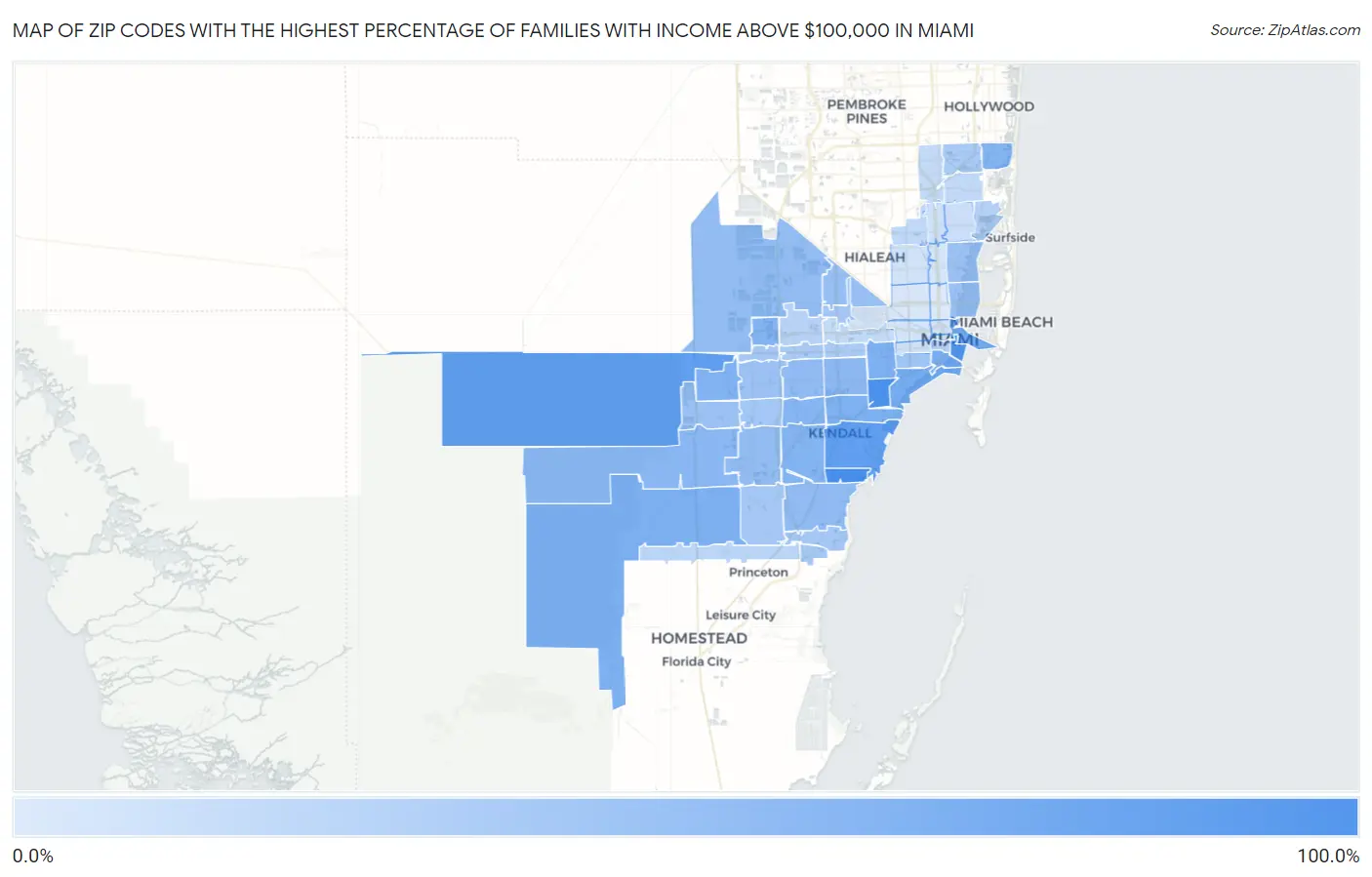 Zip Codes with the Highest Percentage of Families with Income Above $100,000 in Miami Map