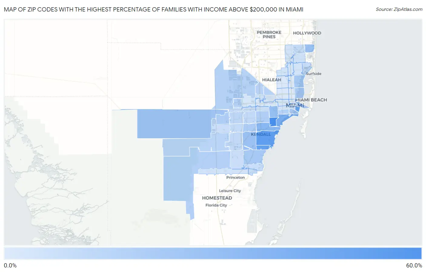 Zip Codes with the Highest Percentage of Families with Income Above $200,000 in Miami Map