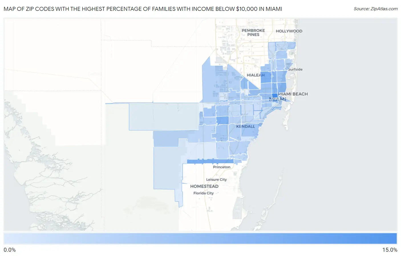 Zip Codes with the Highest Percentage of Families with Income Below $10,000 in Miami Map