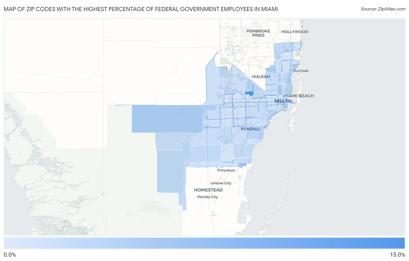 Zip Codes with the Highest Percentage of Federal Government Employees in Miami Map