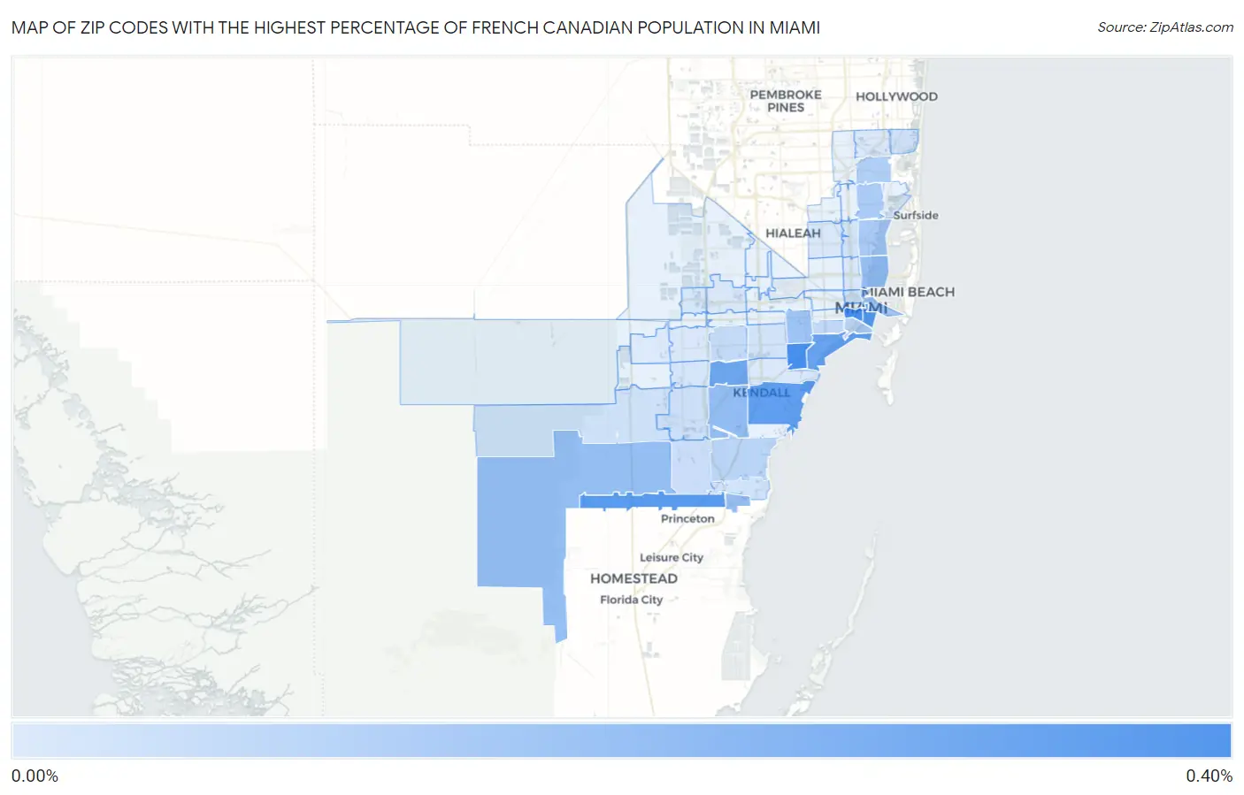 Zip Codes with the Highest Percentage of French Canadian Population in Miami Map