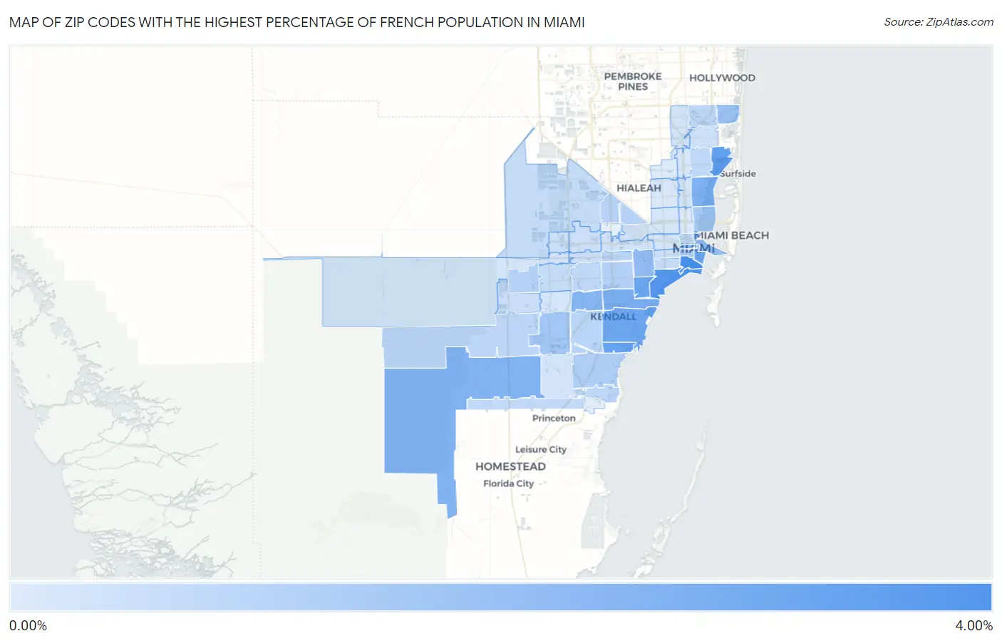 Zip Codes with the Highest Percentage of French Population in Miami Map