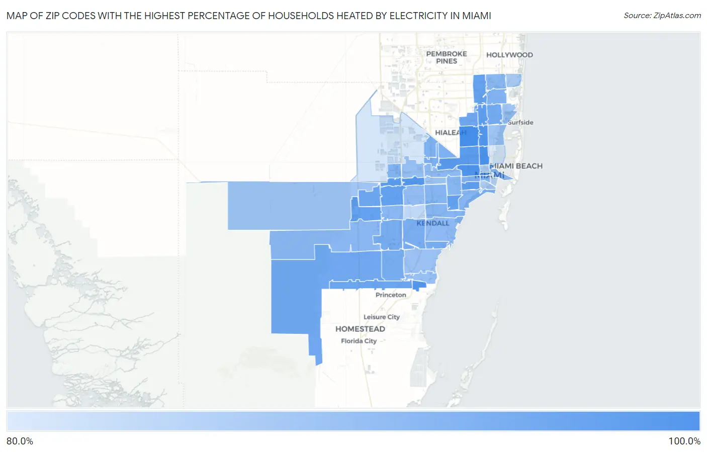 Zip Codes with the Highest Percentage of Households Heated by Electricity in Miami Map