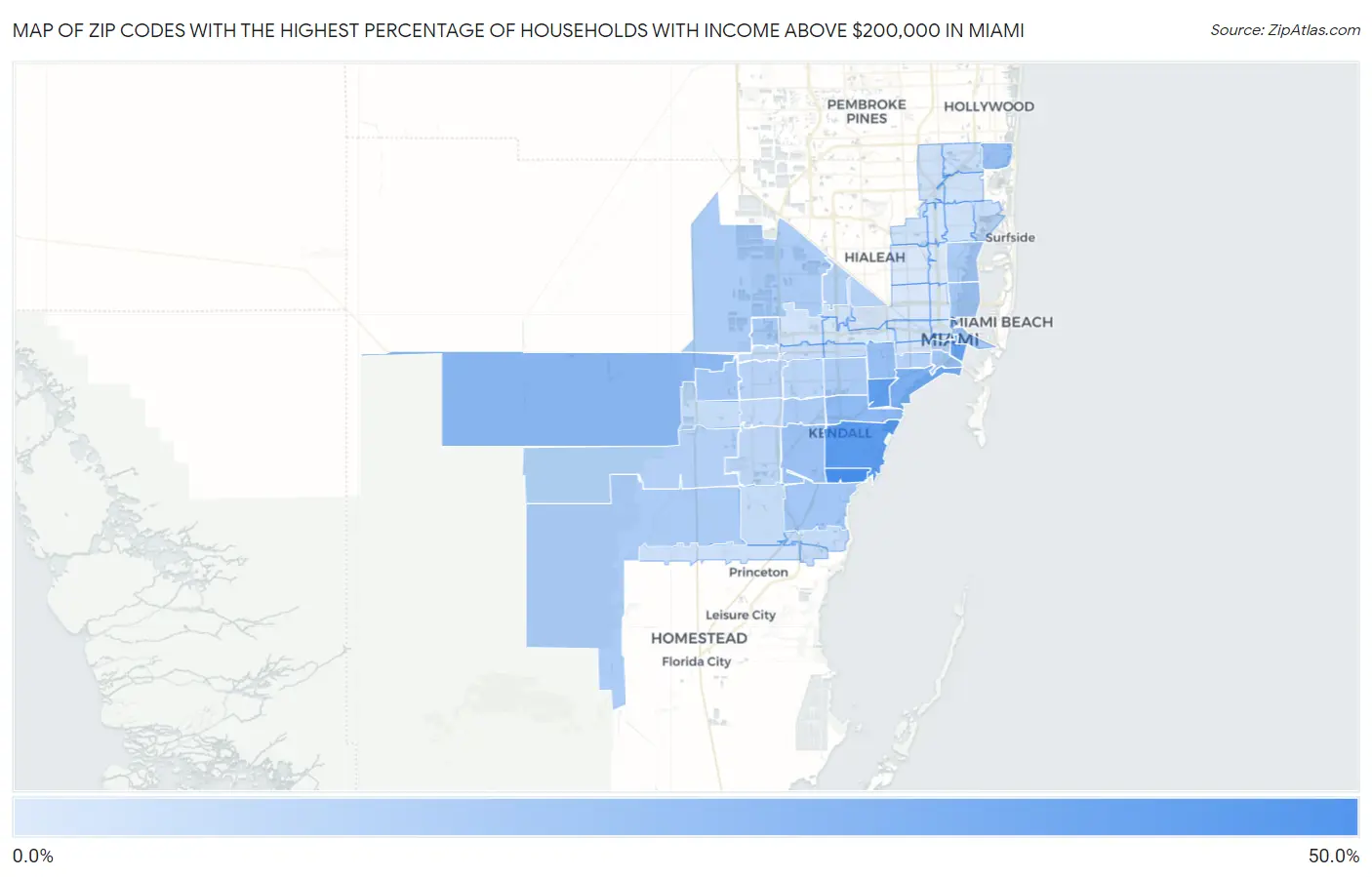 Zip Codes with the Highest Percentage of Households with Income Above $200,000 in Miami Map