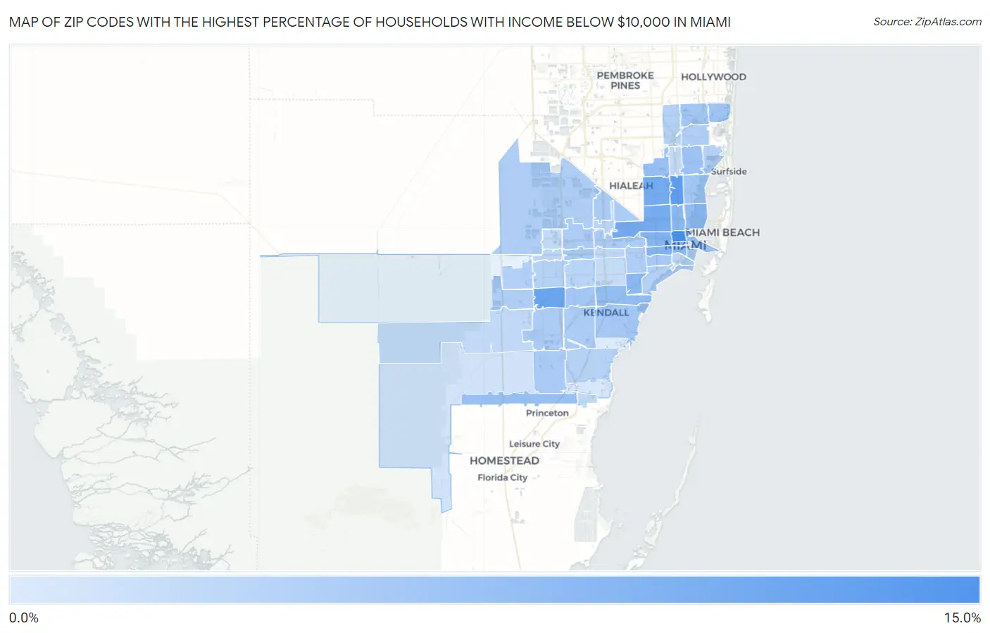 Zip Codes with the Highest Percentage of Households with Income Below $10,000 in Miami Map