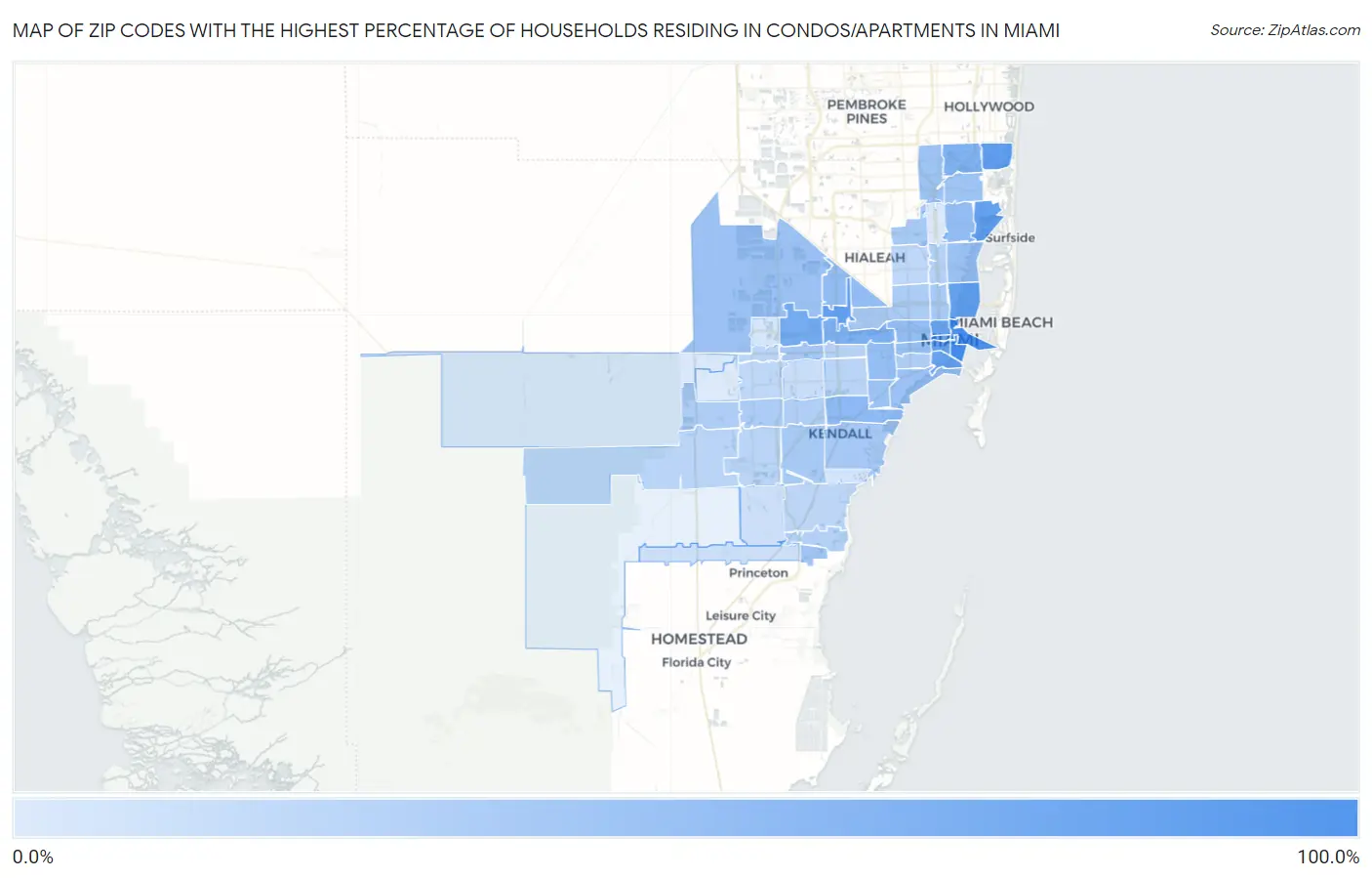 Zip Codes with the Highest Percentage of Households Residing in Condos/Apartments in Miami Map