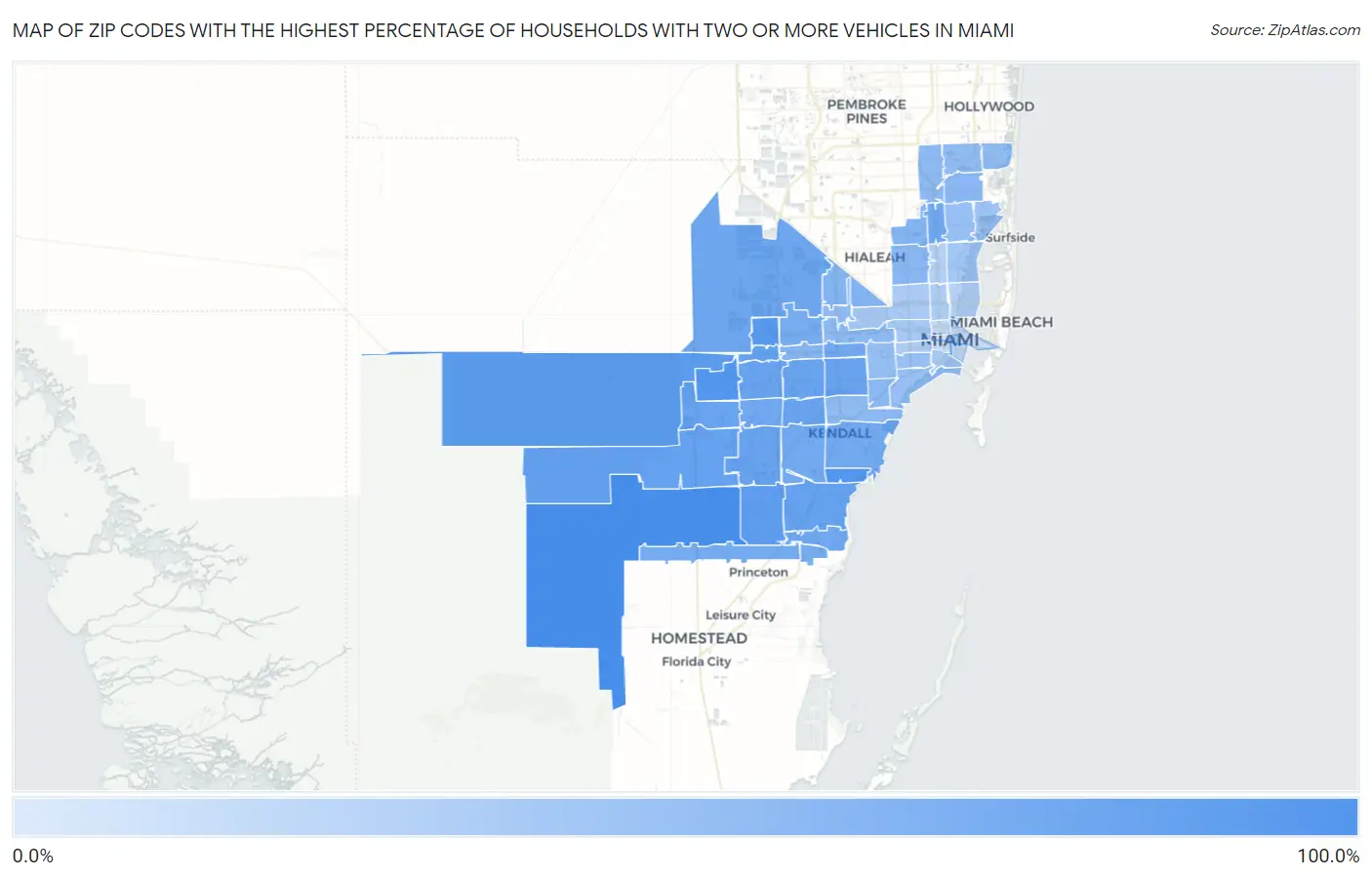 Zip Codes with the Highest Percentage of Households With Two or more Vehicles in Miami Map