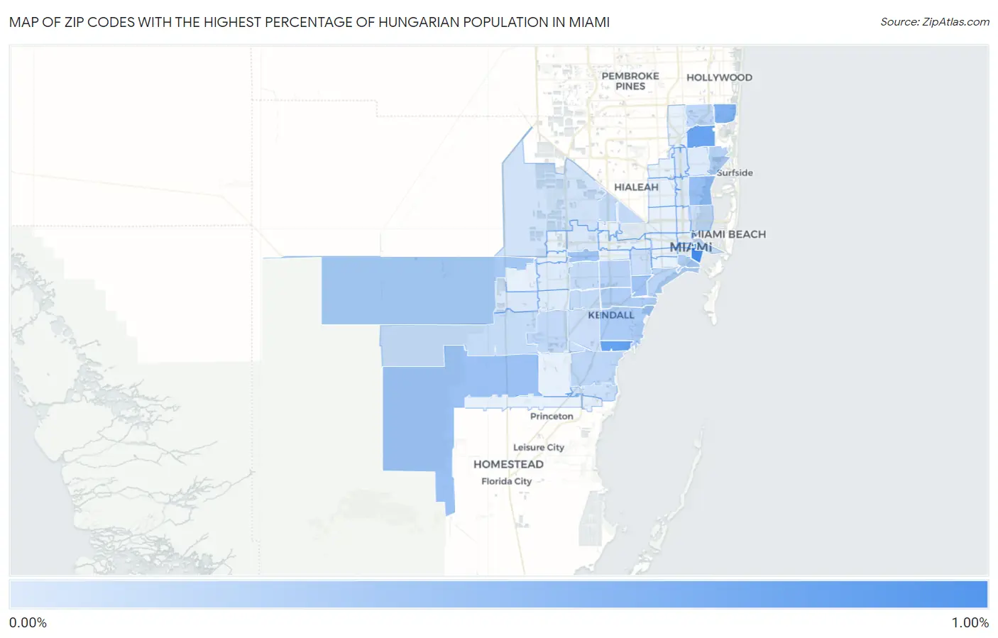 Zip Codes with the Highest Percentage of Hungarian Population in Miami Map