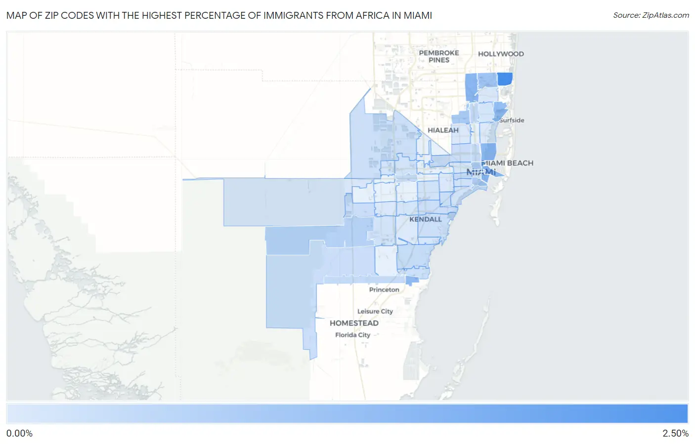 Zip Codes with the Highest Percentage of Immigrants from Africa in Miami Map