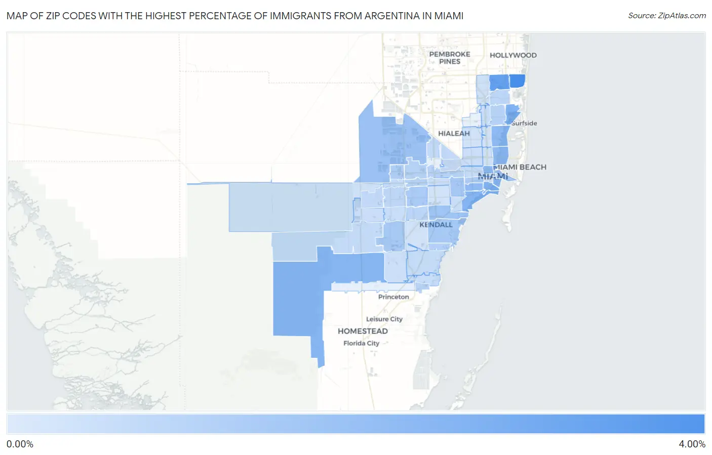 Zip Codes with the Highest Percentage of Immigrants from Argentina in Miami Map