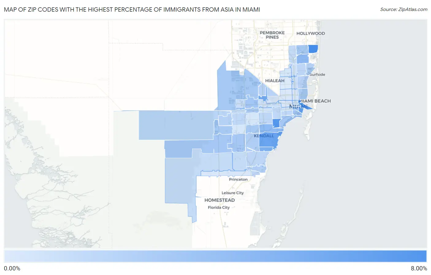 Zip Codes with the Highest Percentage of Immigrants from Asia in Miami Map