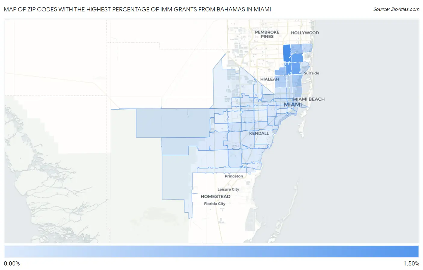 Zip Codes with the Highest Percentage of Immigrants from Bahamas in Miami Map