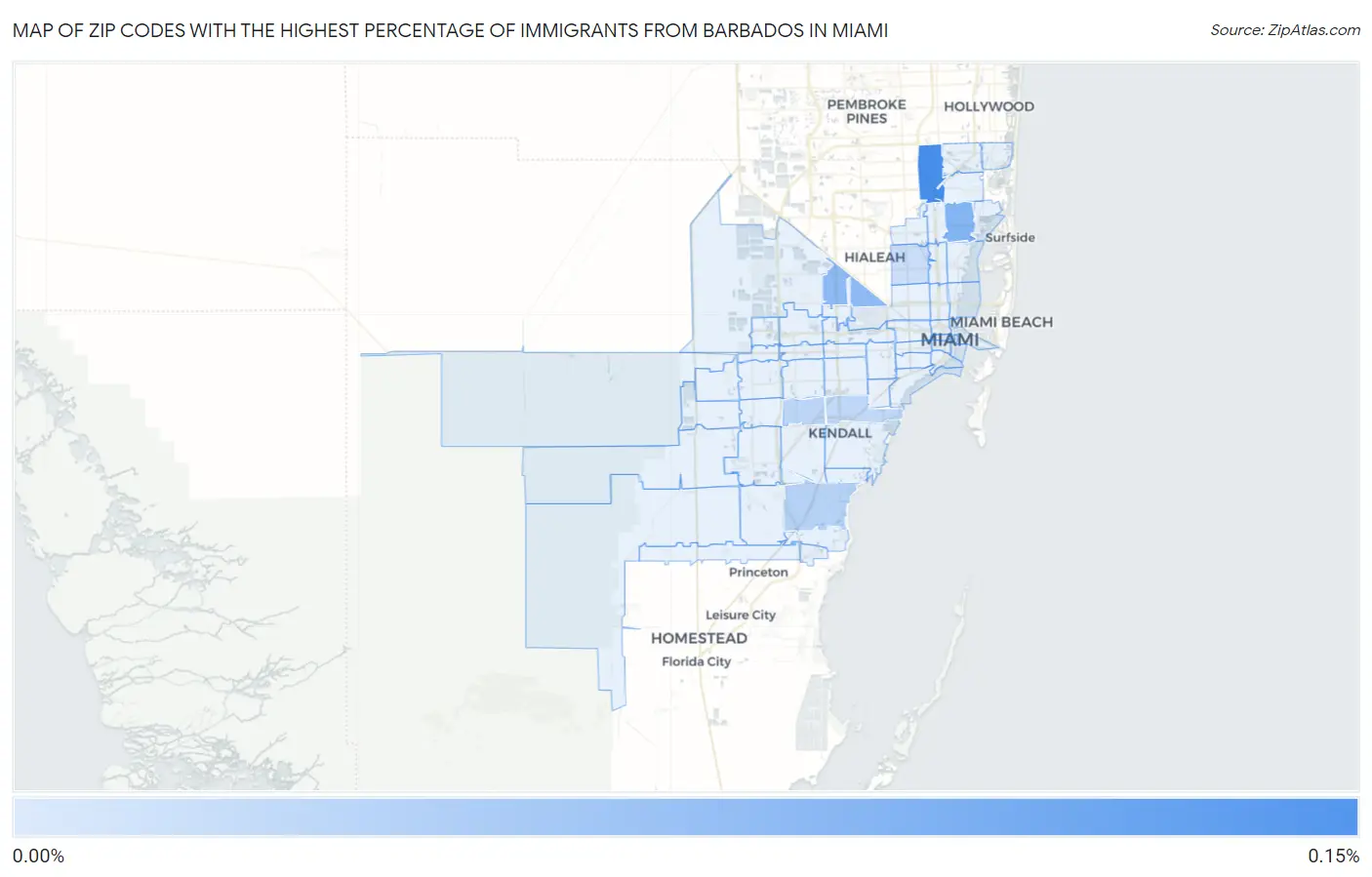 Zip Codes with the Highest Percentage of Immigrants from Barbados in Miami Map