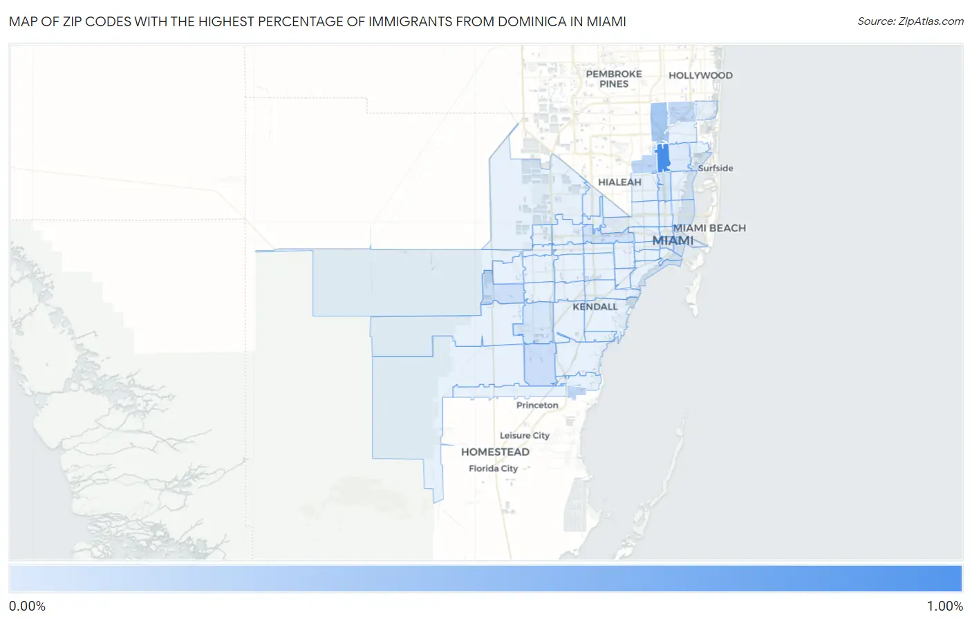 Zip Codes with the Highest Percentage of Immigrants from Dominica in Miami Map
