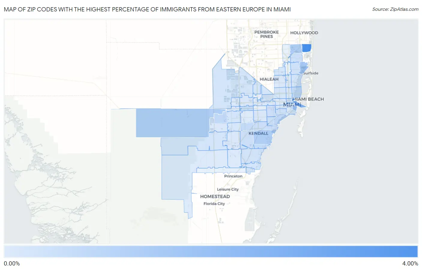 Zip Codes with the Highest Percentage of Immigrants from Eastern Europe in Miami Map