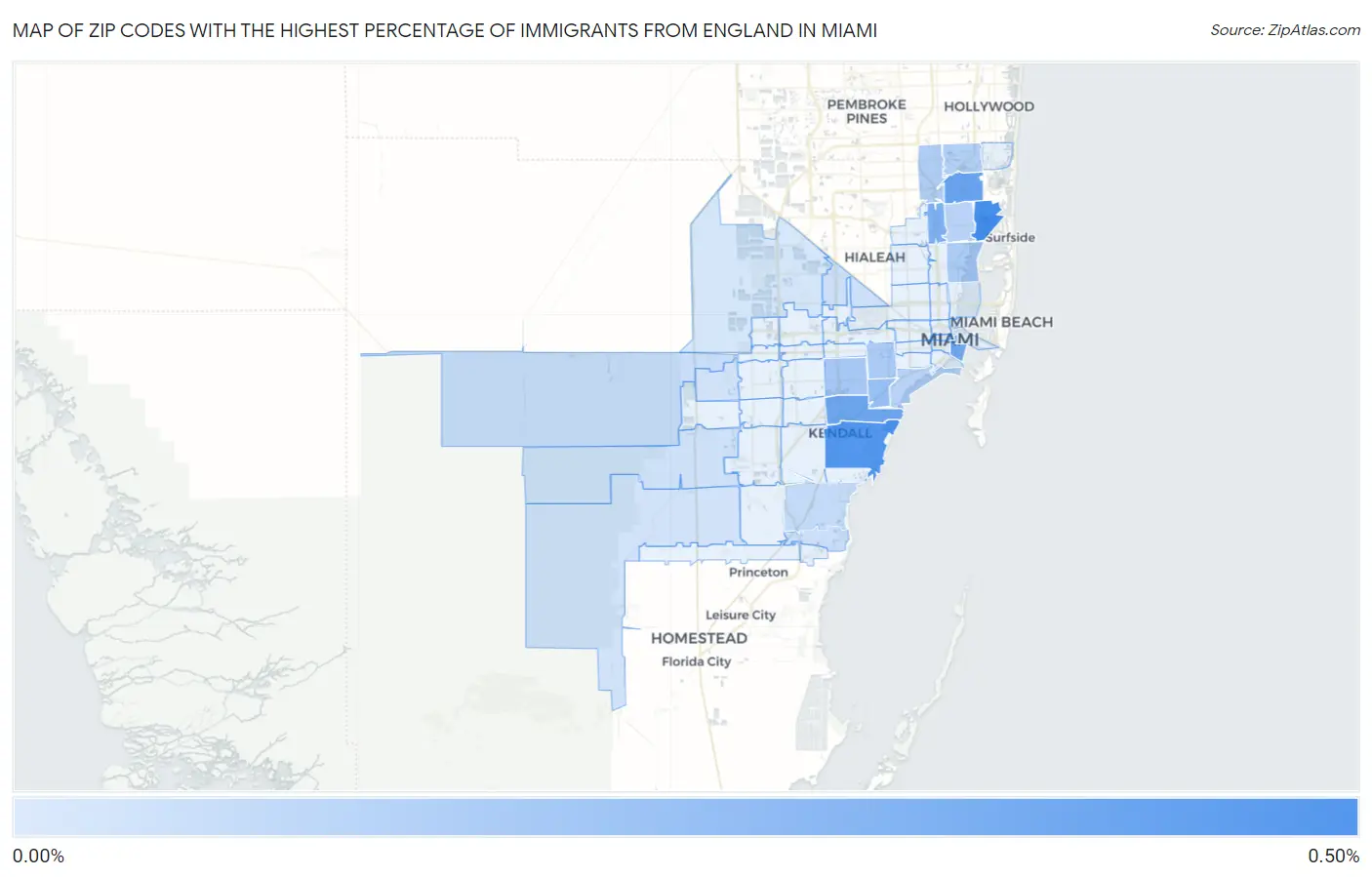 Zip Codes with the Highest Percentage of Immigrants from England in Miami Map