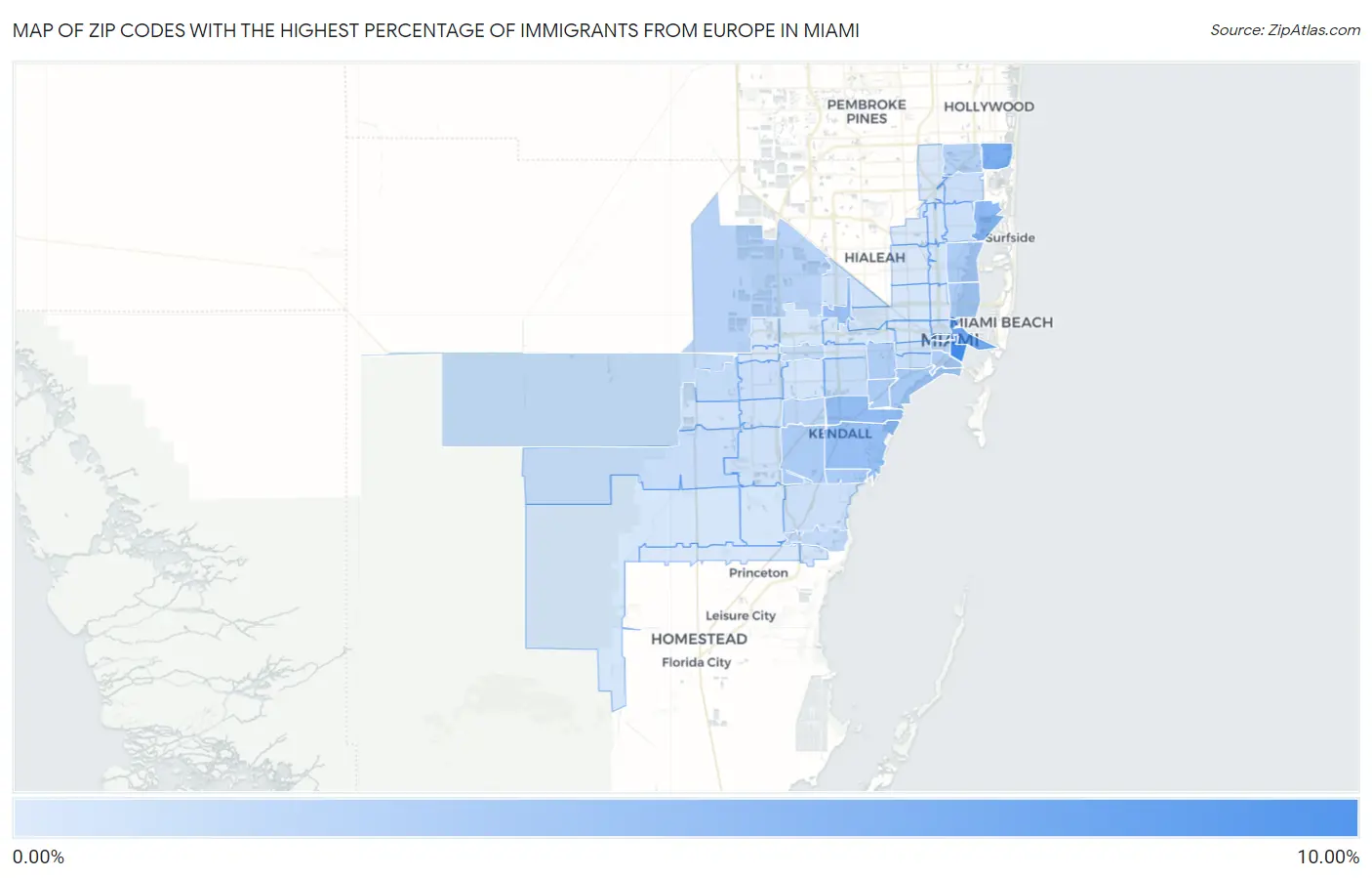 Zip Codes with the Highest Percentage of Immigrants from Europe in Miami Map