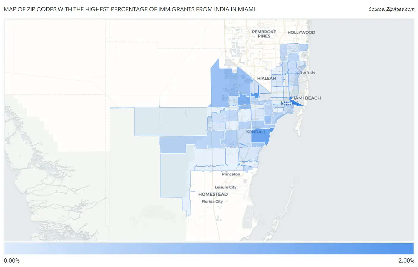 Zip Codes with the Highest Percentage of Immigrants from India in Miami Map