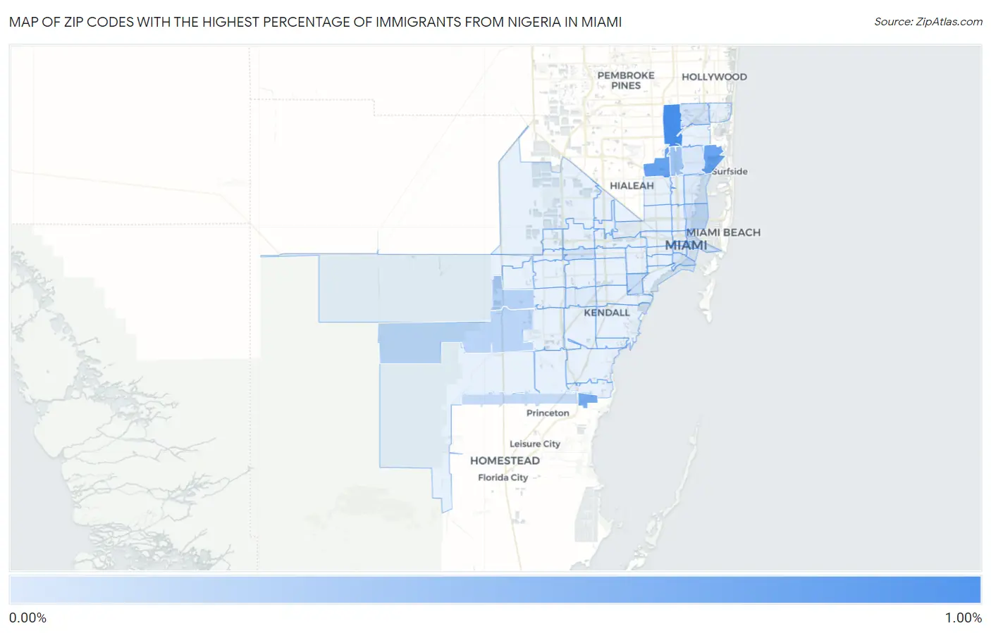 Zip Codes with the Highest Percentage of Immigrants from Nigeria in Miami Map