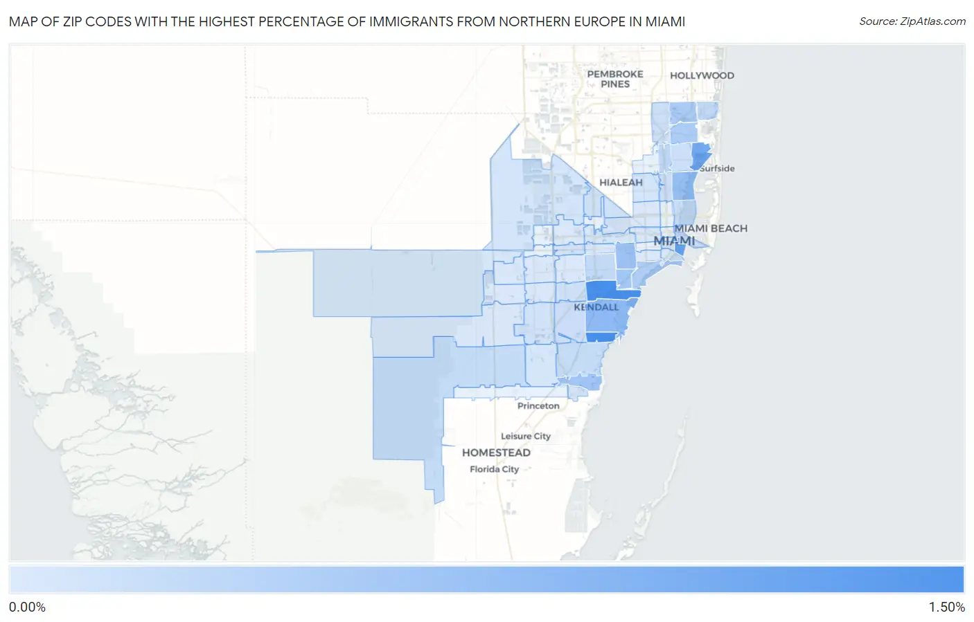 Zip Codes with the Highest Percentage of Immigrants from Northern Europe in Miami Map