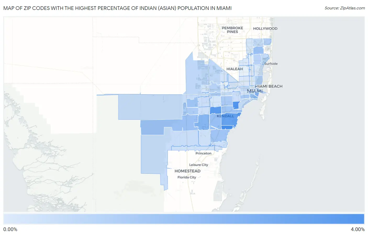 Zip Codes with the Highest Percentage of Indian (Asian) Population in Miami Map