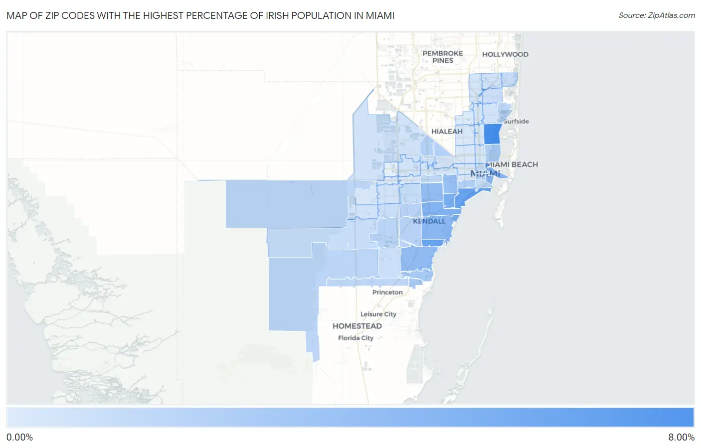 Zip Codes with the Highest Percentage of Irish Population in Miami Map