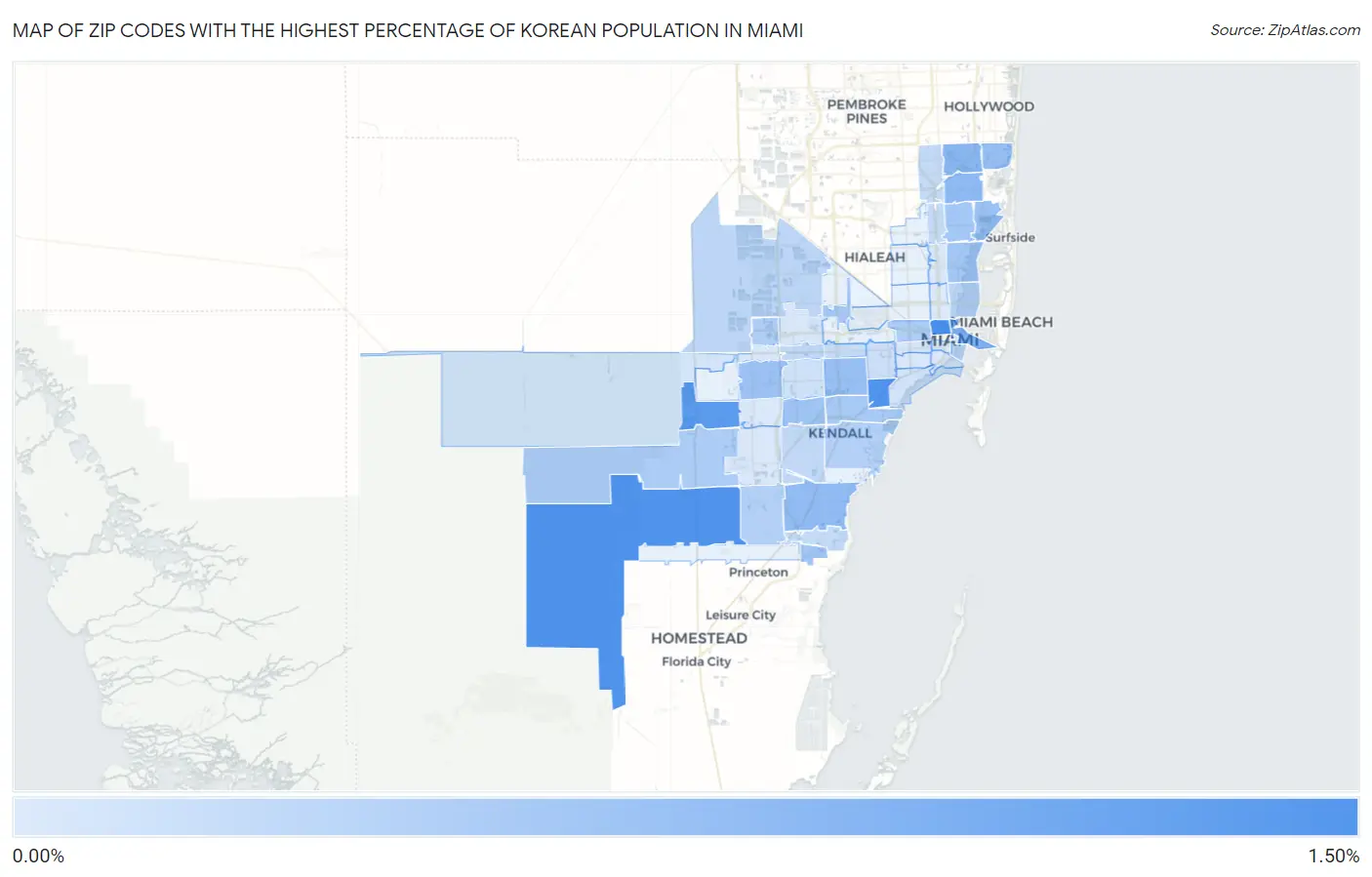 Zip Codes with the Highest Percentage of Korean Population in Miami Map