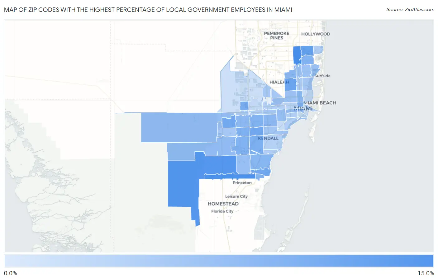 Zip Codes with the Highest Percentage of Local Government Employees in Miami Map