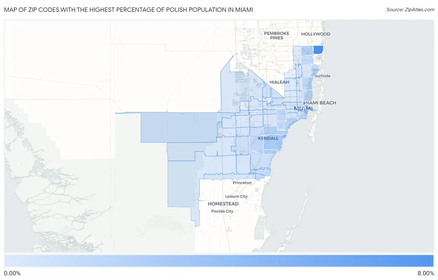 Zip Codes with the Highest Percentage of Polish Population in Miami Map