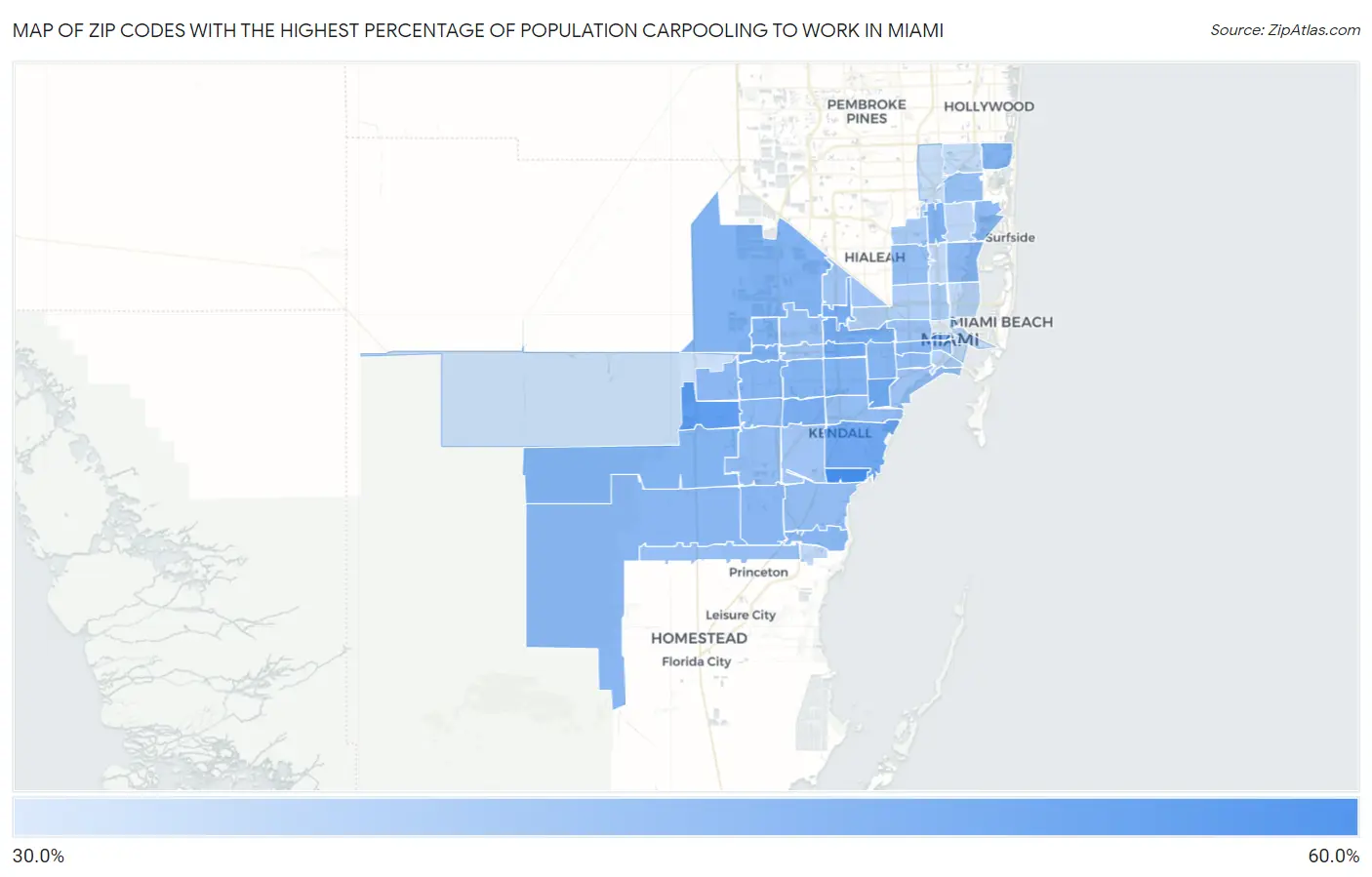Zip Codes with the Highest Percentage of Population Carpooling to Work in Miami Map