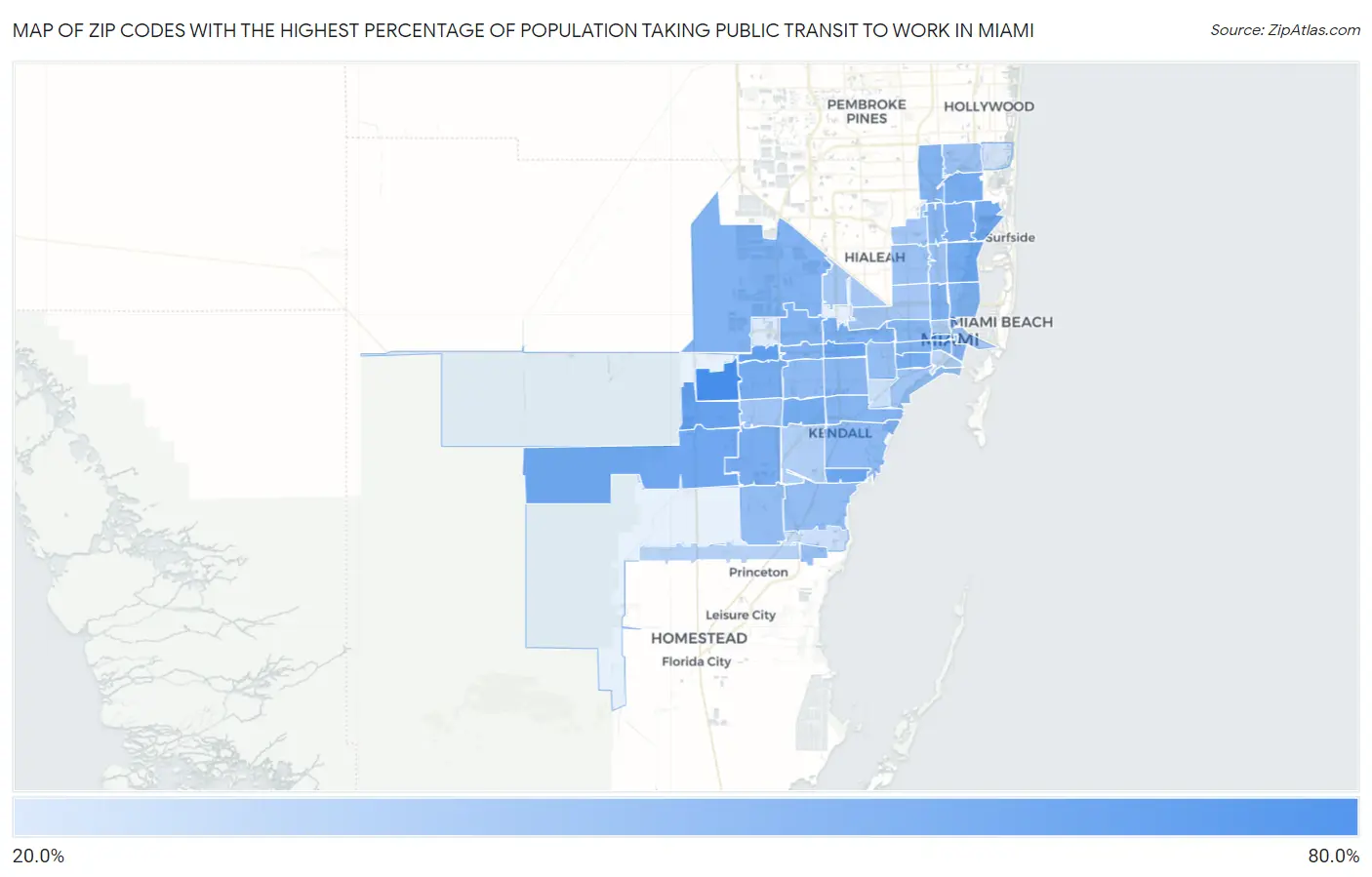 Zip Codes with the Highest Percentage of Population Taking Public Transit to Work in Miami Map