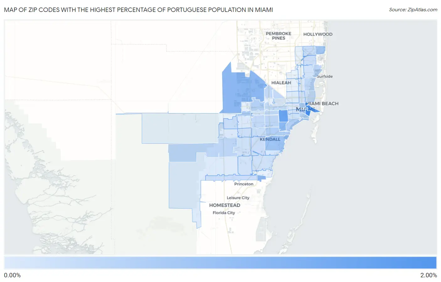 Zip Codes with the Highest Percentage of Portuguese Population in Miami Map