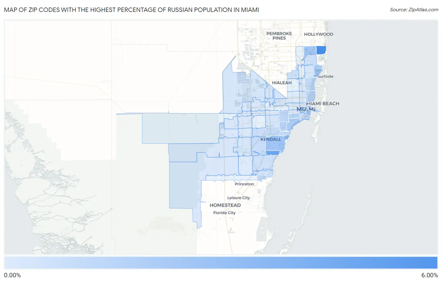 Zip Codes with the Highest Percentage of Russian Population in Miami Map