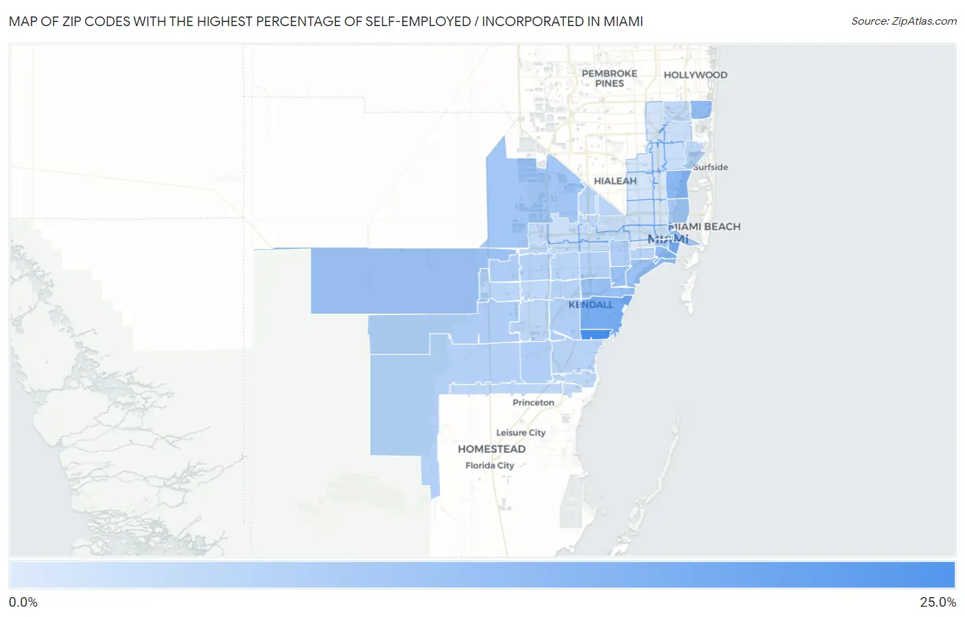 Zip Codes with the Highest Percentage of Self-Employed / Incorporated in Miami Map