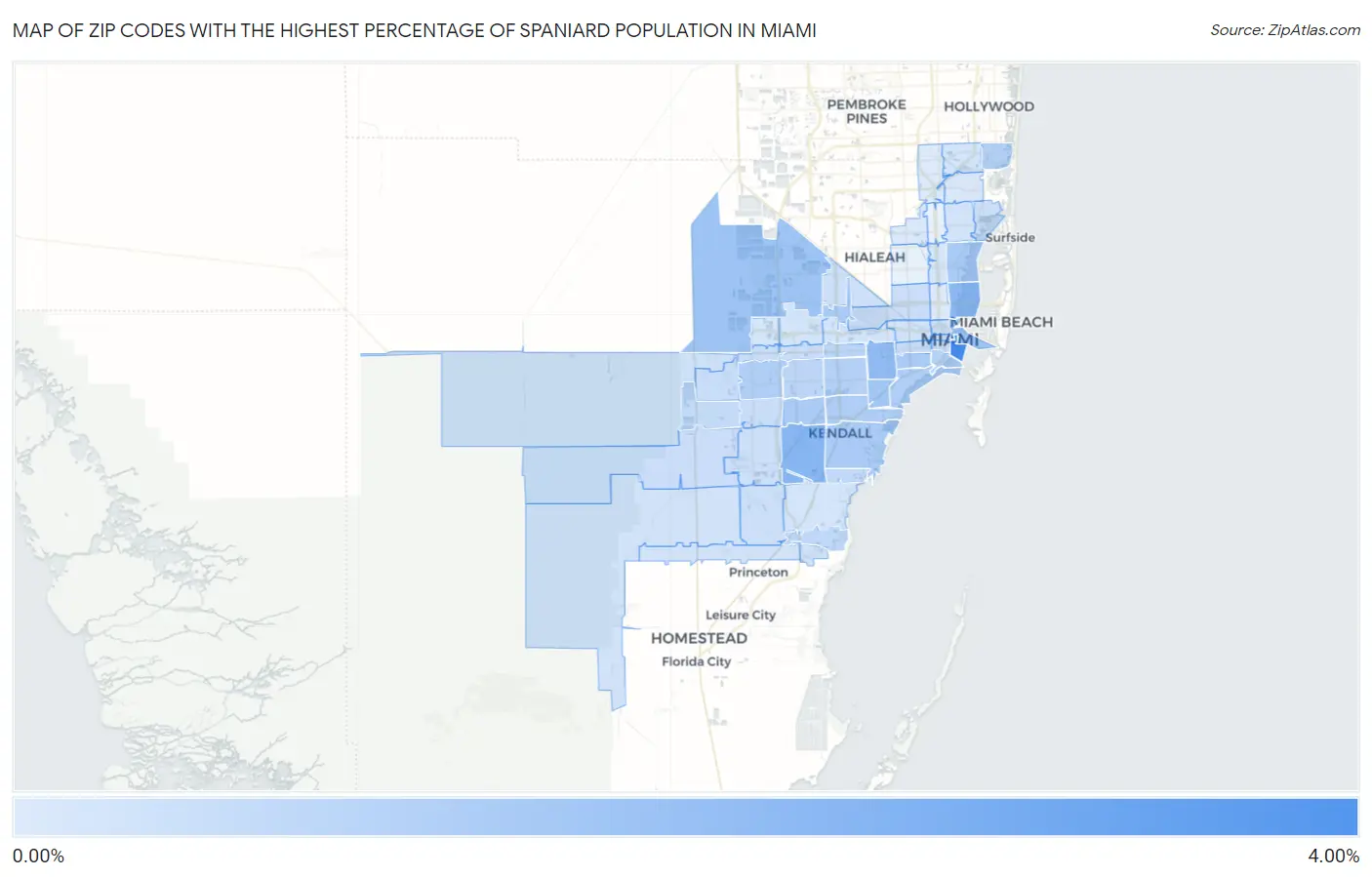 Zip Codes with the Highest Percentage of Spaniard Population in Miami Map